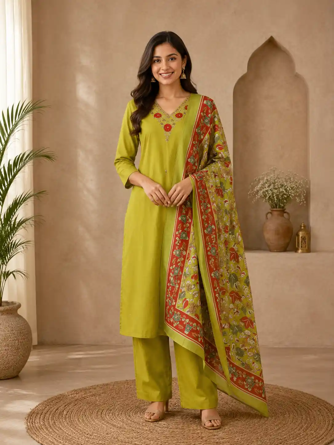 Olive Green Floral Thread Embroidered Designed Cotton Straight Salwar Suit with Contrast Dupatta
